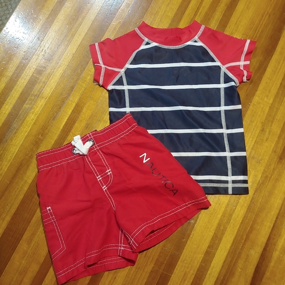 Nautica Red and Navy Blue Swimming Board Shorts and Rash Guard Size Boy's 12M - Picture 1 of 7